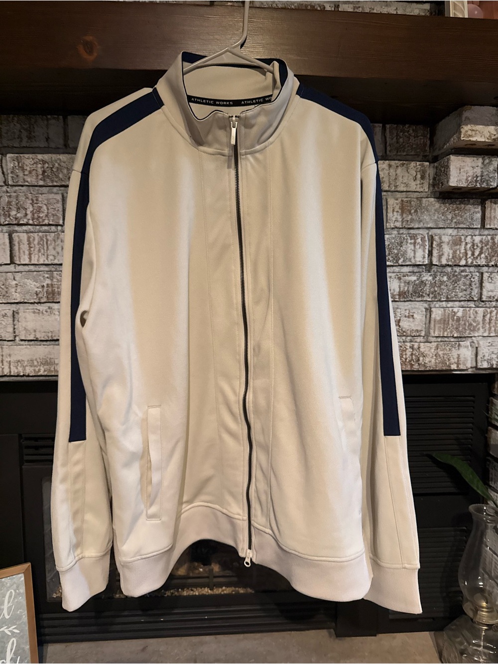 Athletic Works Men's Cream Track Jacket with Blue Stripe